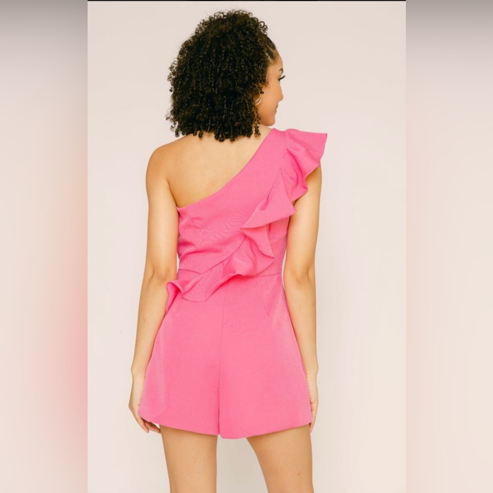 Pink One-Shoulder Ruffle Romper small - Picture 2 of 5